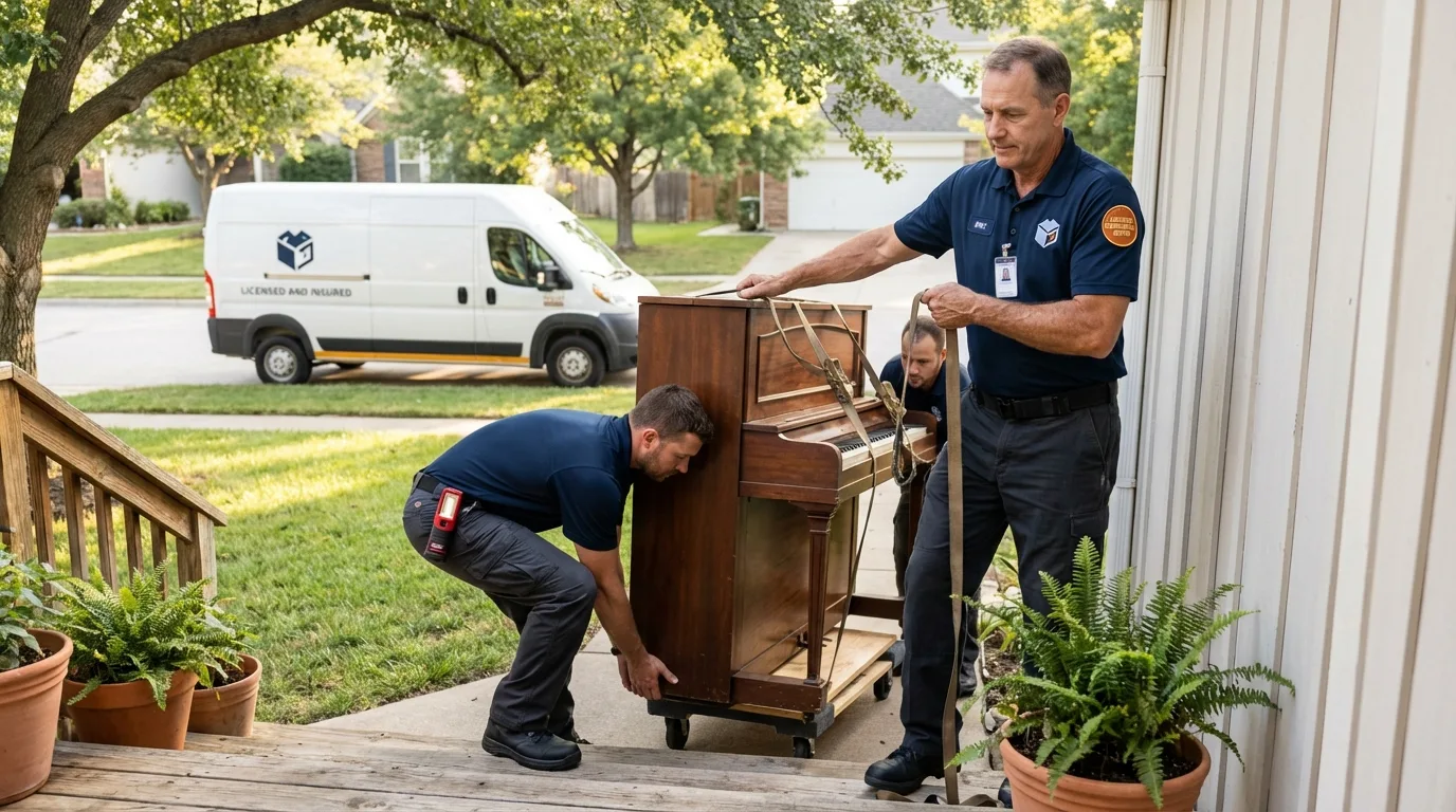Licensed piano movers securing grand piano in Norwood, NY